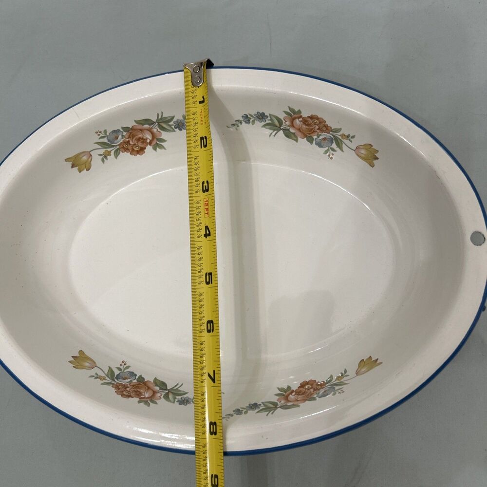 Vtg Enamelware Floral Print Rose Cinsa Brand Saltillo Mexico Oval Blue Trim - Picture 3 of 14